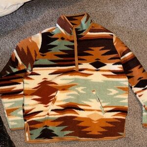 Aztec Pattern Half-Zip Fleece Pullover - Multi Brown